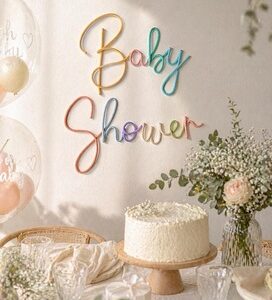 Pastel baby shower sign handmade from cotton cord with soft colors