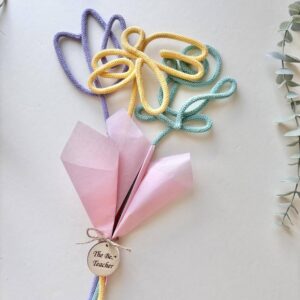 Handmade rope flower bouquet for teacher gift with pastel colors