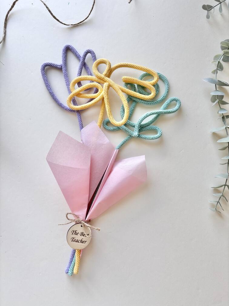 Handmade rope flower bouquet for teacher gift with pastel colors