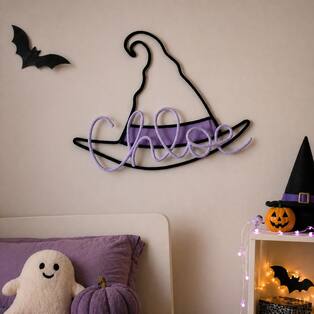 Halloween kids room decor personalized witch hat with lilac name and black outline