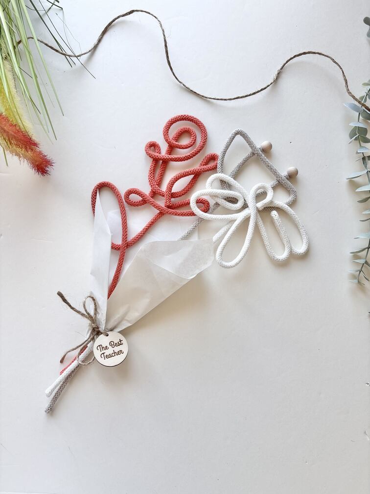 Minimalist teacher gift with neutral rope flowers and wooden tag