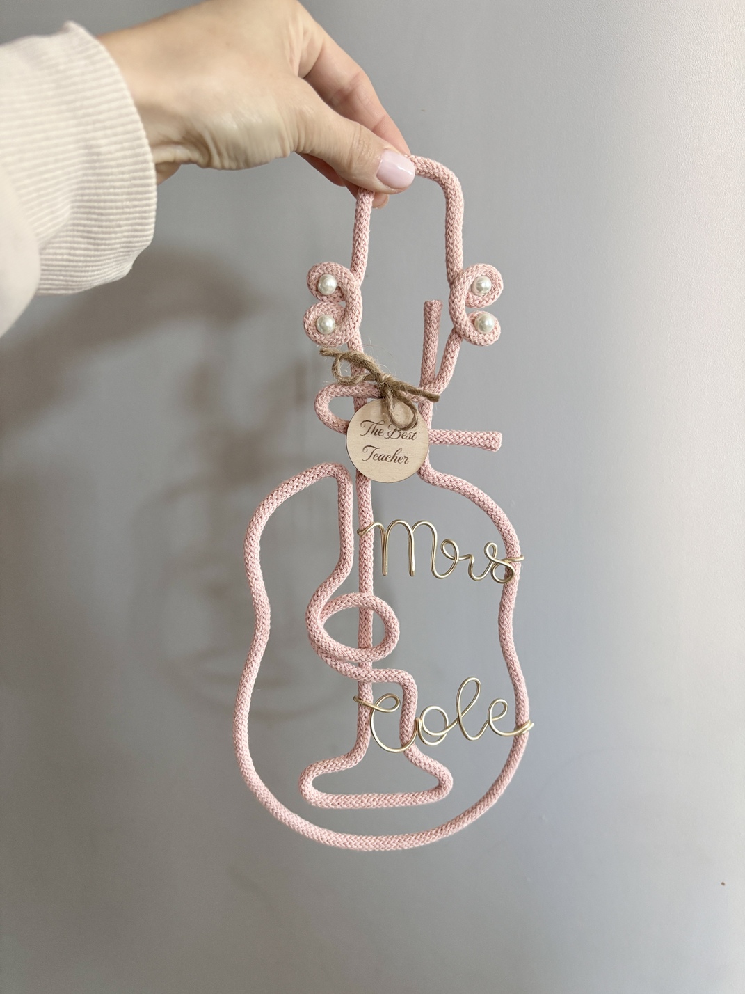 Personalized guitar wall decor for teacher with custom name and “The Best Teacher” wooden tag