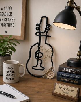 Handmade teacher appreciation gift guitar with thank you message and engraved wooden tag
