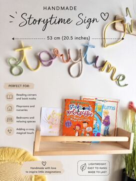 Handmade pastel Storytime rope sign for children’s reading corner with soft rainbow colours and playful nursery decor