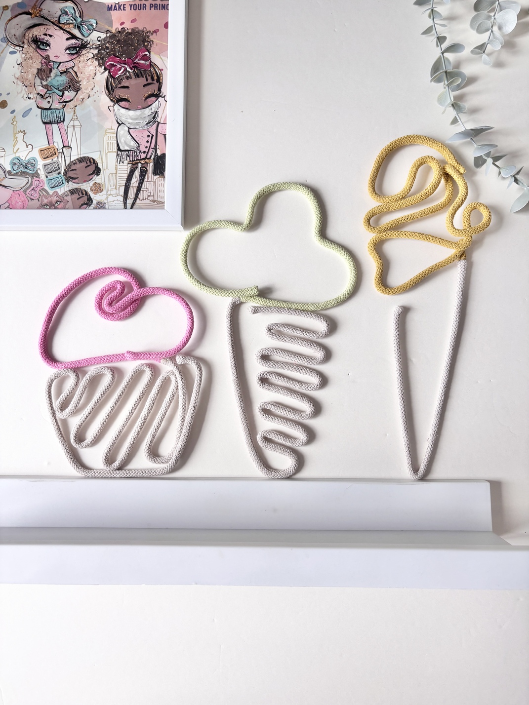 Handmade set of three ice cream wall decorations for a nursery or kids room.