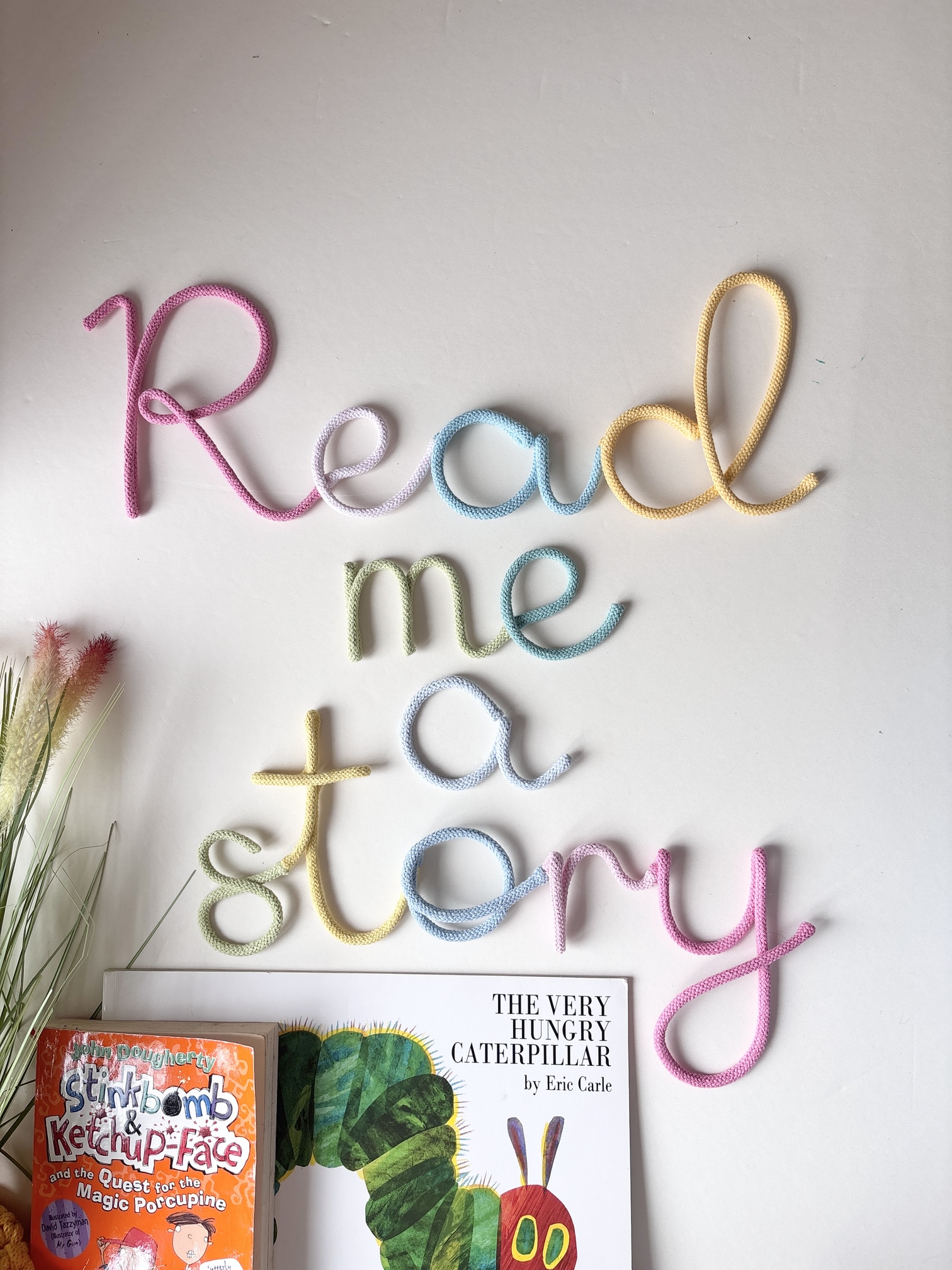 Pastel book nook decoration handmade from cotton cord, perfect for creating a magical reading corner.