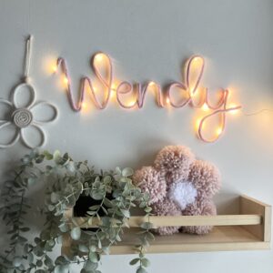 Personalised children's name sign with soft LED lights and cotton cord lettering